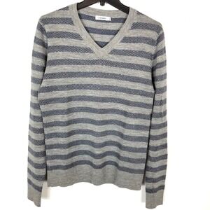 J.Lindeberg Men Merino Wool Striped Sweater Size L Fitted  Pullover Blue Gray